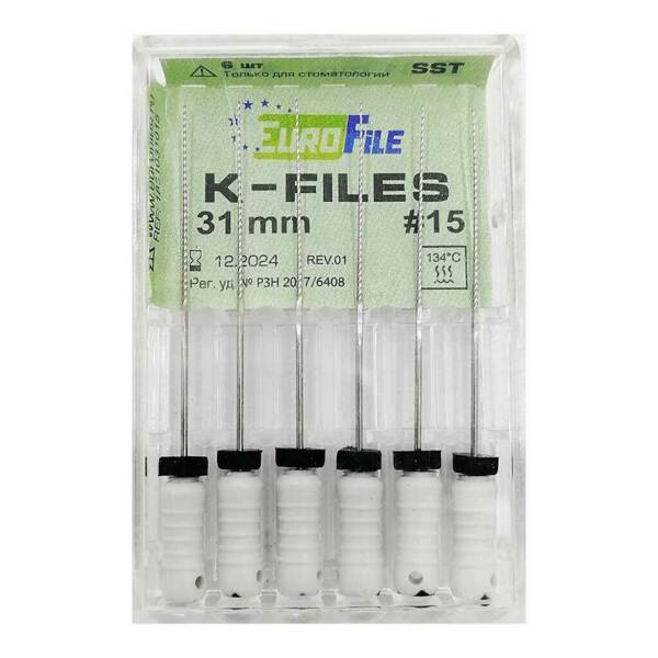Файлы ручные Eurofile K-Files, для прохождения и расширения корневых каналов, 31 мм, №15/.02, сталь, 6 шт - фото 1