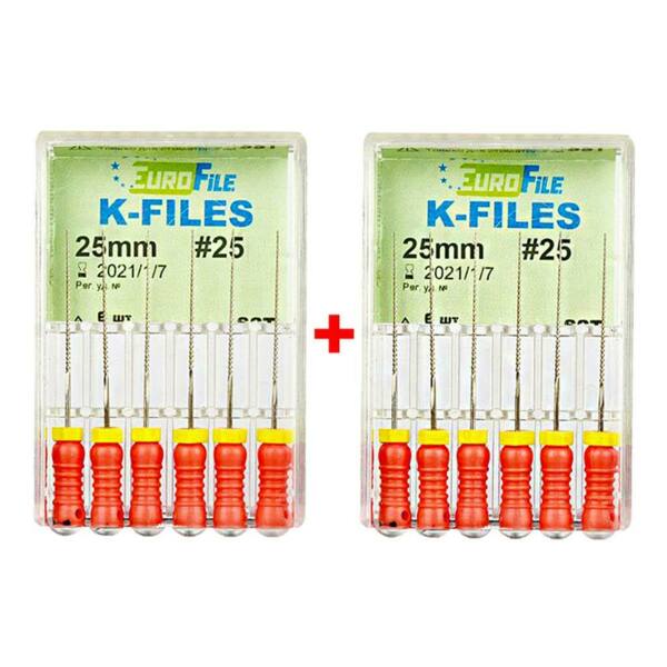 Файлы ручные Eurofile K-Files, для прохождения и расширения корневых каналов, 25 мм, №25/.02, сталь, 6 шт х 2 - фото 0