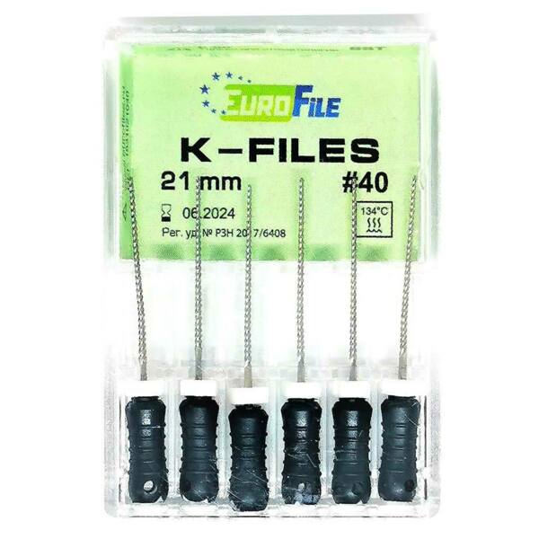 Файлы ручные Eurofile K-Files, для прохождения и расширения корневых каналов, 21 мм, №40/.02, сталь, 6 шт - фото 1