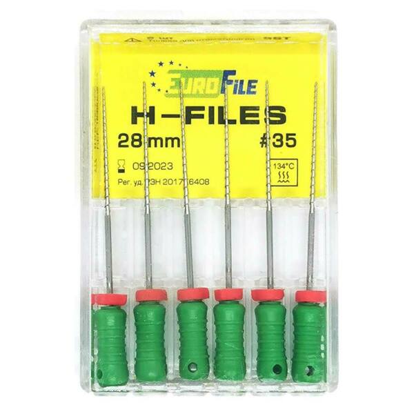  Файлы ручные Eurofile H-Files, для расширения и выравнивания корневого канала, 28 мм, №35/.02, сталь, 6 шт - фото 1