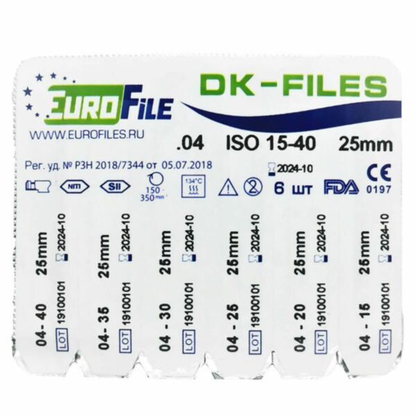 Файлы машинные Eurofile DK-Files, для препарирования каналов, 25 мм, набор №15-40/.04, никель-титан, 6 шт - фото 2