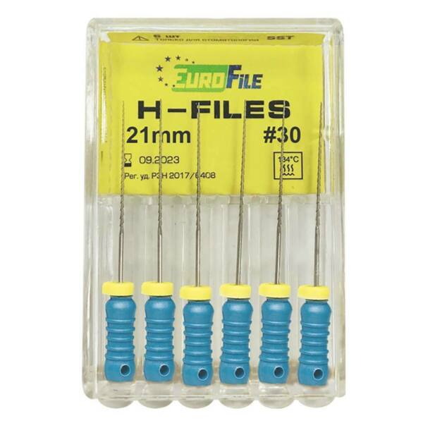  Файлы ручные Eurofile H-Files, для расширения и выравнивания корневого канала, 21 мм, №30/.02, сталь, 6 шт - фото 1