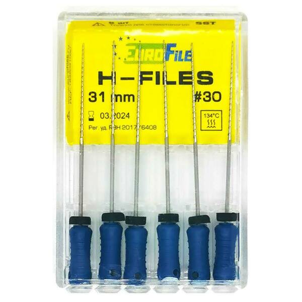  Файлы ручные Eurofile H-Files, для расширения и выравнивания корневого канала, 31 мм, №30/.02, сталь, 6 шт - фото 1
