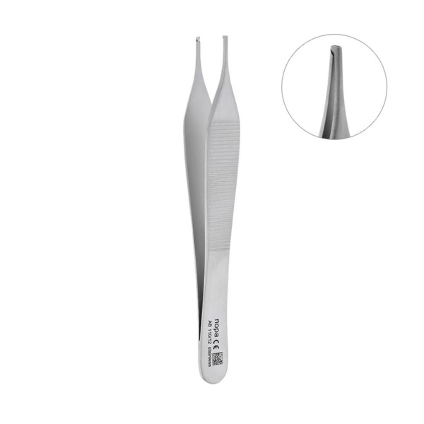 Пинцет хирургический Nopa Instruments Adson, прямой, для фиксации мягких тканей, гладкие зубчики 1х2, L=120 мм, сталь, 1 шт - фото 0