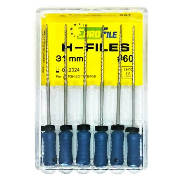 Файлы ручные Eurofile H-Files, для расширения и выравнивания корневого канала, 31 мм, №60/.02, сталь, 6 шт - фото 1
