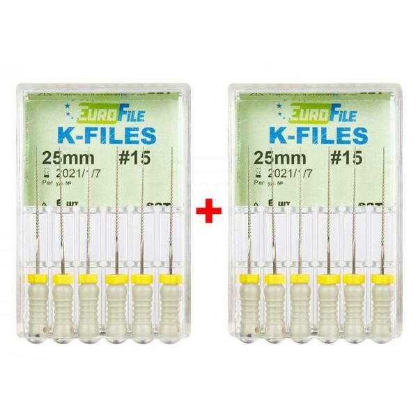 Файлы ручные Eurofile K-Files, для прохождения и расширения корневых каналов, 25 мм, №15/.02, сталь, 6 шт х 2 - фото 0