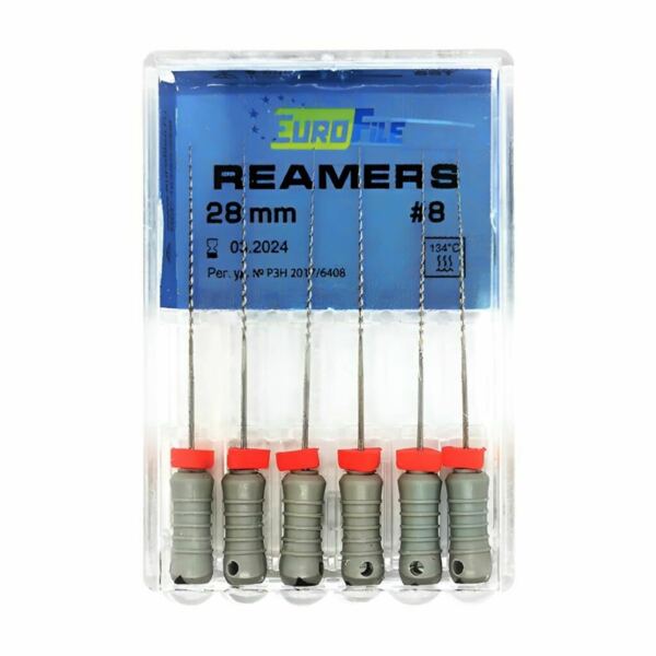 Дрильборы ручные Eurofile Reamers, для прохождения и расширения корневых каналов, 28 мм, №08, сталь, 6 шт - фото 0