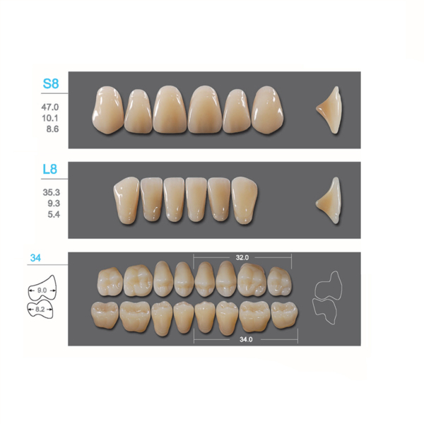 Kaili - зубы акриловые, верхние S8/нижние L8, цвет A2, размер 34, коробка 4х28 шт - фото 0