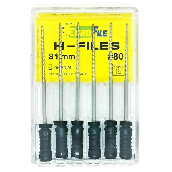  Файлы ручные Eurofile H-Files, для расширения и выравнивания корневого канала, 31 мм, №80/.02, сталь, 6 шт - фото 1