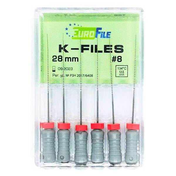 Файлы ручные Eurofile K-Files, для прохождения и расширения корневых каналов, 28 мм, №08/.02, сталь, 6 шт - фото 1