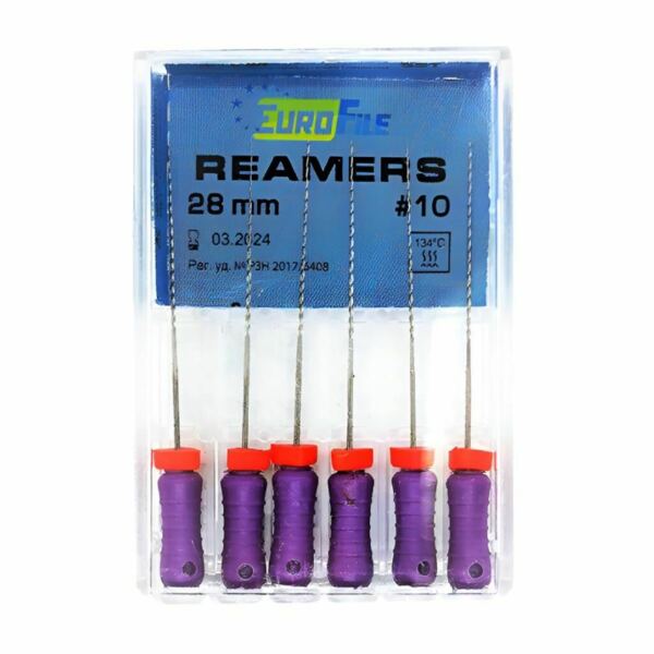 Дрильборы ручные Eurofile Reamers, для прохождения и расширения корневых каналов, 28 мм, №10, сталь, 6 шт - фото 0