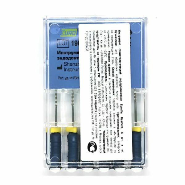 Дрильборы ручные Eurofile Reamers, для прохождения и расширения корневых каналов, 25 мм, №30, сталь, 6 шт - фото 1