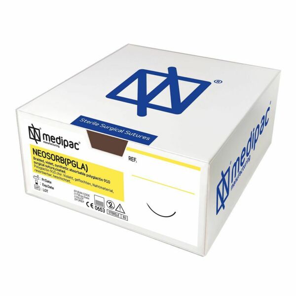 Шовный материал Medipac NEOSORB, рассасывающаяся плетеная нить с покрытием 6/0 45 см, обратно-режущая игла 12 мм 3/8, фиолетовый, намотка восьмерка, 12 шт - фото 1