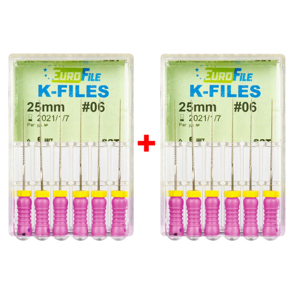 Файлы ручные Eurofile K-Files, для прохождения и расширения корневых каналов, 25 мм, №06/.02, сталь, 6 шт х 2 - фото 0