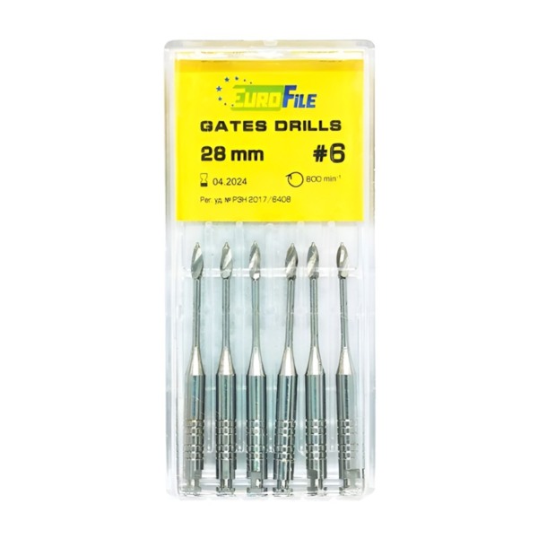 Дрильборы машинные Eurofile Gates Drills, для расширения коронковой трети канала, 28 мм, размер 6, сталь, 6 шт - фото 0