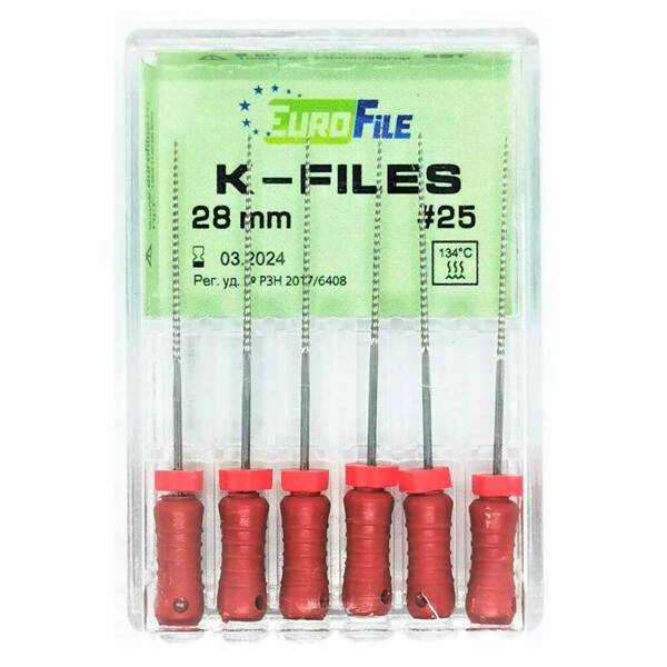 Файлы ручные Eurofile K-Files, для прохождения и расширения корневых каналов, 28 мм, №25/.02, сталь, 6 шт - фото 1