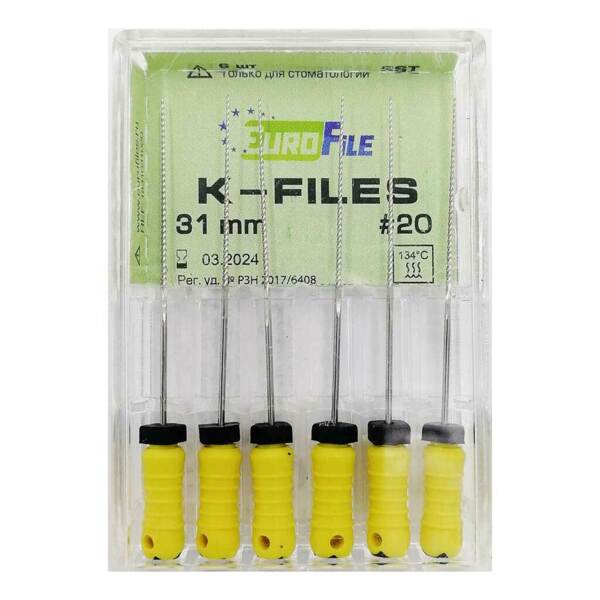 Файлы ручные Eurofile K-Files, для прохождения и расширения корневых каналов, 31 мм, №20/.02, сталь, 6 шт - фото 1