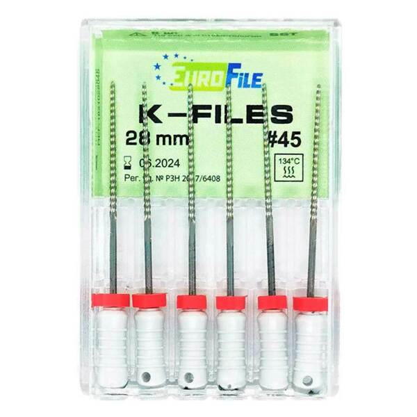Файлы ручные Eurofile K-Files, для прохождения и расширения корневых каналов, 28 мм, №45/.02, сталь, 6 шт - фото 1