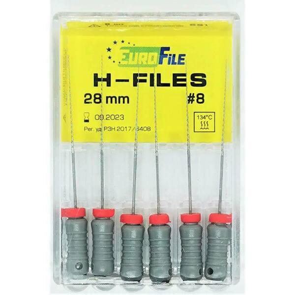  Файлы ручные Eurofile H-Files, для расширения и выравнивания корневого канала, 28 мм, №08/.02, сталь, 6 шт - фото 1
