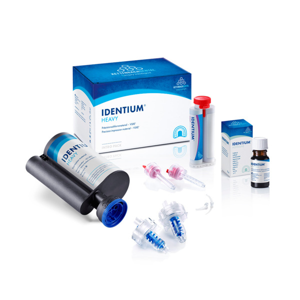 Identium Heavy (Intro pack) - оттискная масса, 1 x 380 мл, 50 мл Light Body, 10 мл адгезив, 10 динамических смесителей + 6 смесительных канюль (желтые) - фото 0