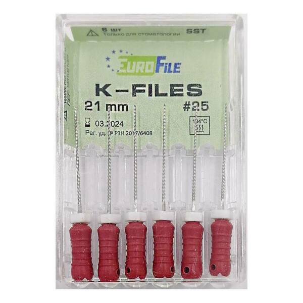 Файлы ручные Eurofile K-Files, для прохождения и расширения корневых каналов, 21 мм, №25/.02, сталь, 6 шт - фото 1