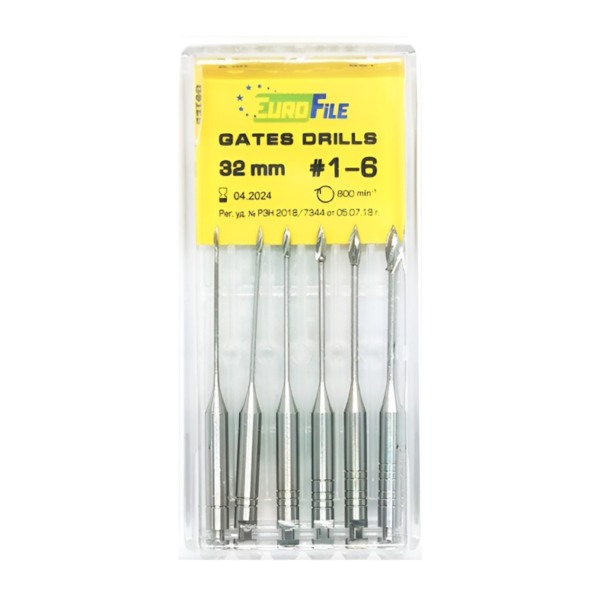 Дрильборы машинные Eurofile Gates Drills, для расширения коронковой трети канала, 32 мм, размер 1-6, сталь, 6 шт - фото 0