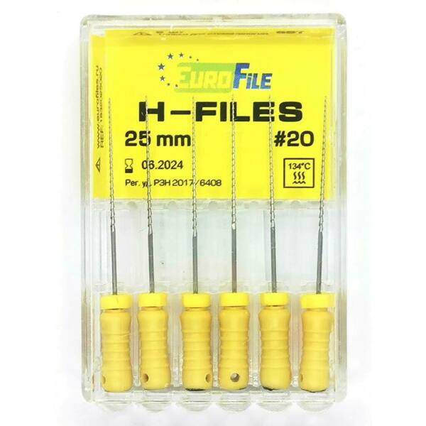  Файлы ручные Eurofile H-Files, для расширения и выравнивания корневого канала, 25 мм, №20/.02, сталь, 6 шт - фото 1