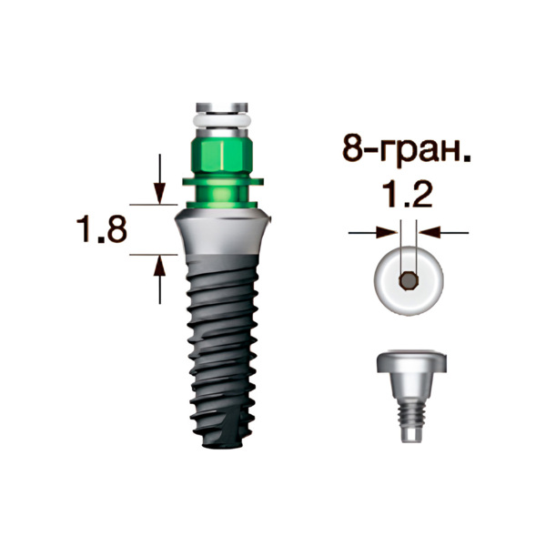 Имплантат OSSTEM SS III SA Standart (G/H=1.8), 8-гранник D=2.5, с полированной шейкой, D=3.5 мм, L=10.0 мм, с адаптером и винт-заглушкой D=1.2 мм - фото 0