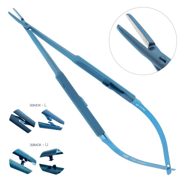 Иглодержатель Микрохирургические технологии, микрохирургический, титановый, для иглы 6/0, 7/0, прямой, ручка S=8 мм, B=1,0 мм, L=160 мм, замок U, 1 шт - фото 1