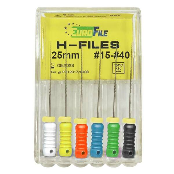  Файлы ручные Eurofile H-Files, для расширения и выравнивания корневого канала, 25 мм, набор №15-40/.02, сталь, 6 шт - фото 1