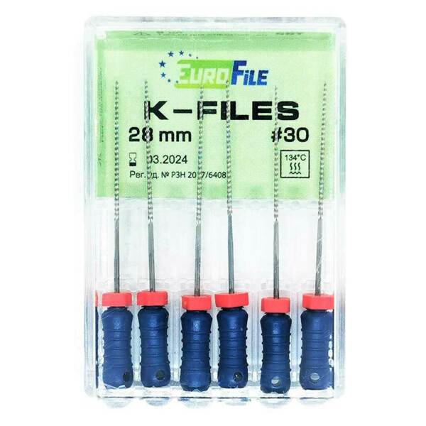 Файлы ручные Eurofile K-Files, для прохождения и расширения корневых каналов, 28 мм, №30/.02, сталь, 6 шт - фото 1
