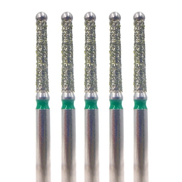 Бор алмазный 388G, шаровидный с воротником, безопасный конец, D=1.6 мм, FG, зеленый, 5 шт - фото 0