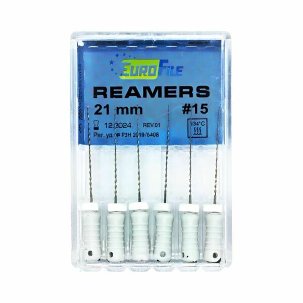 Дрильборы ручные Eurofile Reamers, для прохождения и расширения корневых каналов, 21 мм, №15, сталь, 6 шт - фото 0
