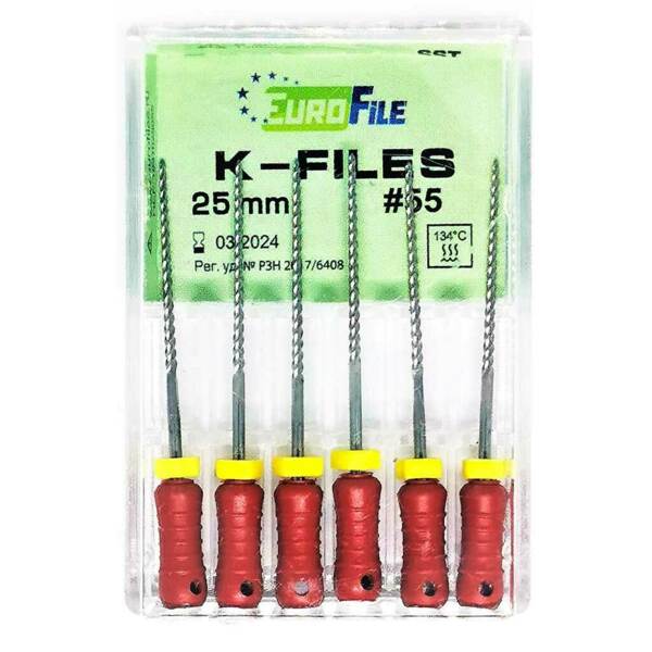 Файлы ручные Eurofile K-Files, для прохождения и расширения корневых каналов, 25 мм, №55/.02, сталь, 6 шт - фото 1