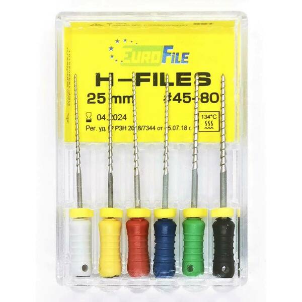  Файлы ручные Eurofile H-Files, для расширения и выравнивания корневого канала, 25 мм, набор №45-80/.02, сталь, 6 шт - фото 1