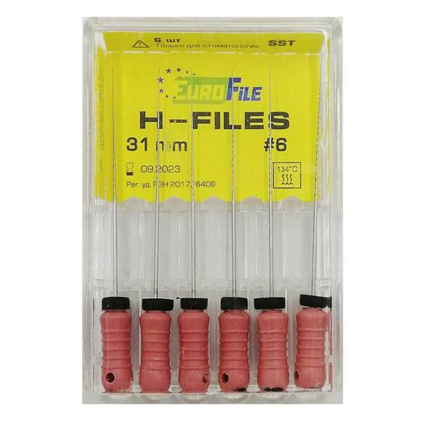  Файлы ручные Eurofile H-Files, для расширения и выравнивания корневого канала, 31 мм, №06/.02, сталь, 6 шт - фото 1