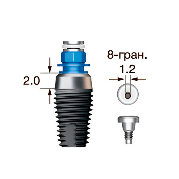 Имплантат OSSTEM SS III SA Wide (G/H=2.0), 8-гранник D=2.5, с полированной шейкой, D=7.0 мм, L=8.5 мм, с адаптером и винт-заглушкой D=1.2 мм - фото 0