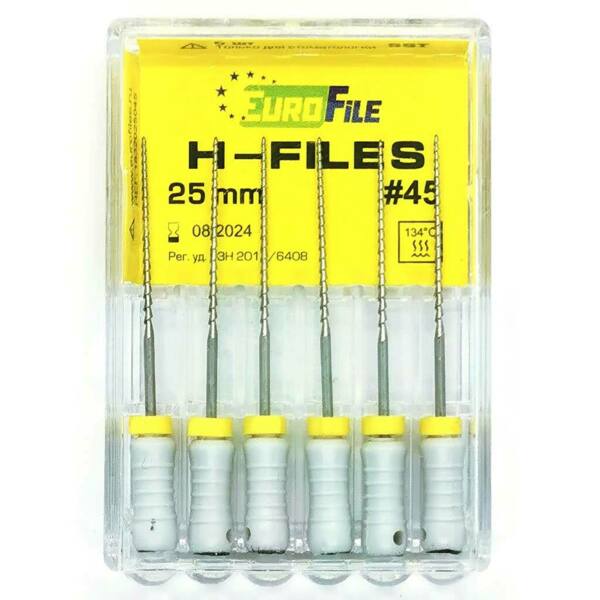  Файлы ручные Eurofile H-Files, для расширения и выравнивания корневого канала, 25 мм, №45/.02, сталь, 6 шт - фото 1