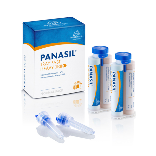 Panasil tray Fast Heavy - вязкотекучий, устойчивый материал для точных оттисков, короткое время прибывания во рту, 2x50 мл + 6 смесителей