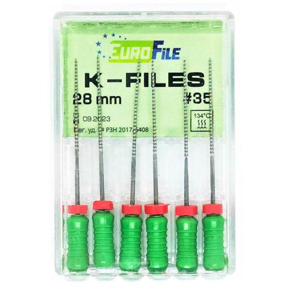 Файлы ручные Eurofile K-Files, для прохождения и расширения корневых каналов, 28 мм, №35/.02, сталь, 6 шт - фото 1