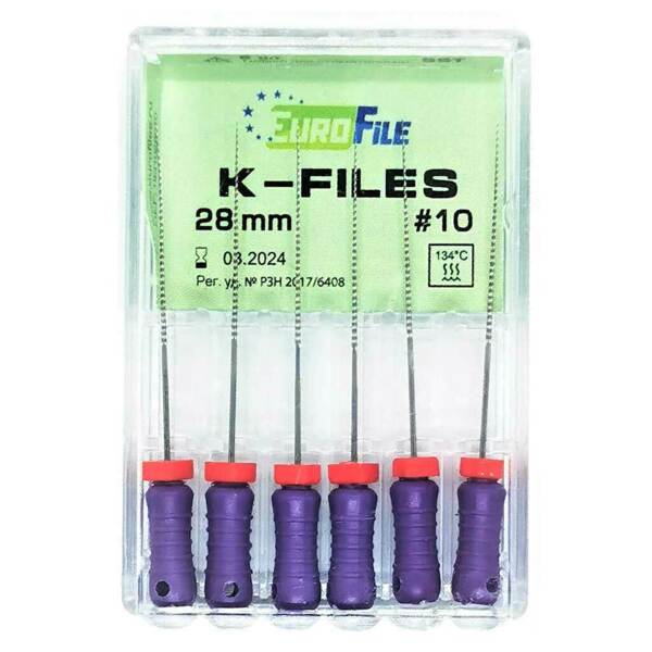 Файлы ручные Eurofile K-Files, для прохождения и расширения корневых каналов, 28 мм, №10/.02, сталь, 6 шт - фото 1