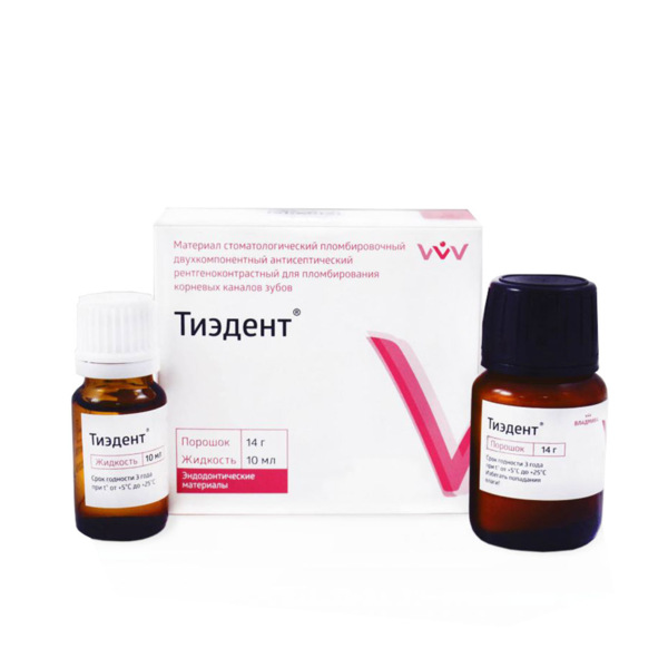 Материал антисептический ВладМиВа Тиэдент, стоматологический, цинкоксидэвгенольный, для пломбирования каналов, набор (14 г + 10 мл) - фото 0