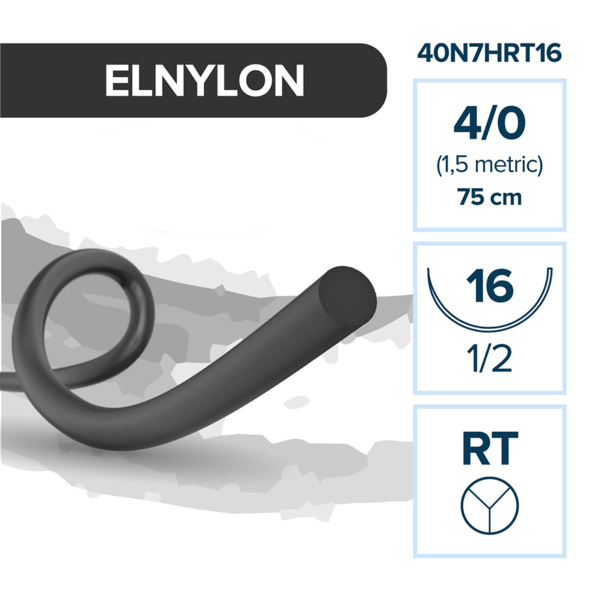 Шовный материал Elemaar ELNYLON, нерассасывающаяся мононить, 4/0 75 см, колюще-режущая игла 16 мм 1/2, черный, 12 шт - фото 0