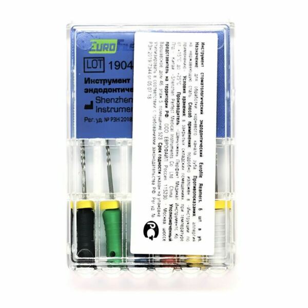 Дрильборы ручные Eurofile Reamers, для прохождения и расширения корневых каналов, 25 мм, №15-40, сталь, 6 шт - фото 1