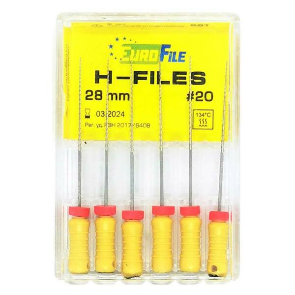  Файлы ручные Eurofile H-Files, для расширения и выравнивания корневого канала, 28 мм, №20/.02, сталь, 6 шт - фото 1