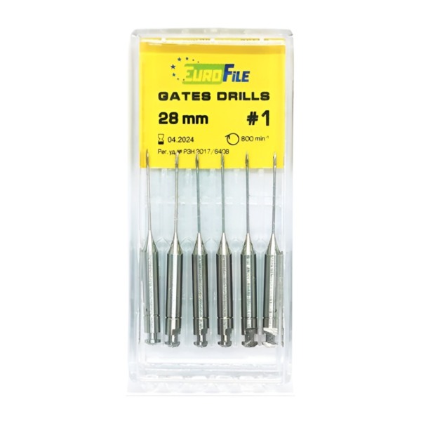 Дрильборы машинные Eurofile Gates Drills, для расширения коронковой трети канала, 28 мм, размер 1, сталь, 6 шт - фото 0