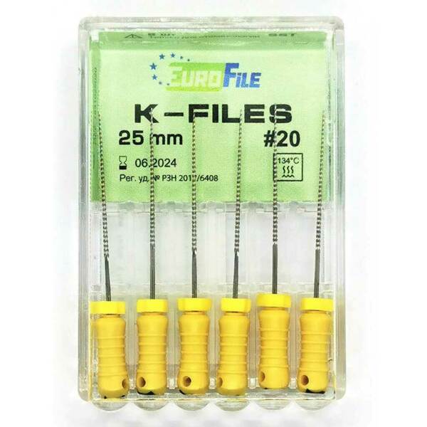 Файлы ручные Eurofile K-Files, для прохождения и расширения корневых каналов, 25 мм, №20/.02, сталь, 6 шт - фото 1