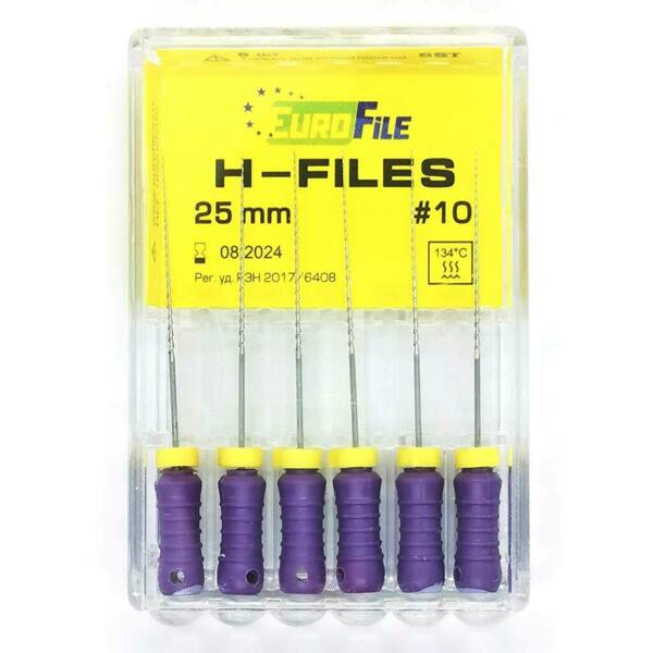  Файлы ручные Eurofile H-Files, для расширения и выравнивания корневого канала, 25 мм, №10/.02, сталь, 6 шт - фото 1