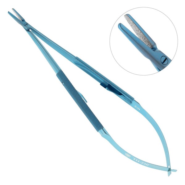 Иглодержатель микрохирургический, прямой, титановый, для иглы 5/0, ручка 8 мм, B=1,5 мм, L=160 мм, замок - L - фото 0