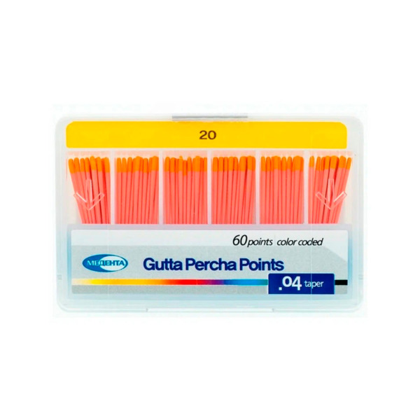 Штифты гуттаперчевые Meta Biomed Медента, для пломбирования корневых каналов, с маркировкой длины, №20/.04, 60 шт - фото 0